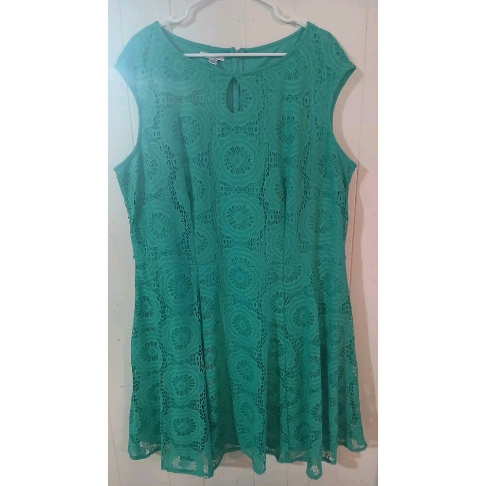 Teal Lace Fit & Flare Dress Sleeveless Keyhole Neck Geometric Size 22